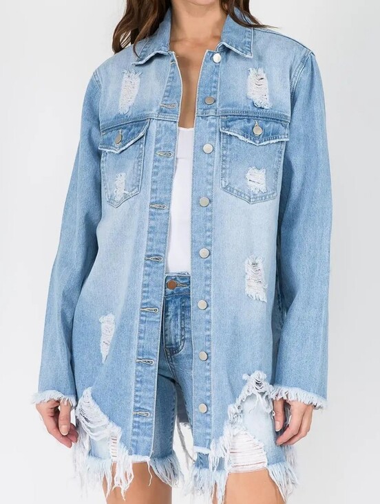 American Bazi Jackets & Blazers - NWT American Bazi Distressed Long Light Blue Denim Jacket - Size Small